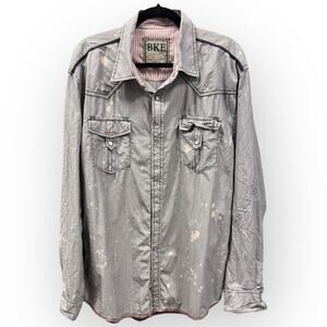 EUC BKE Men’s Pearl Snap Long Sleeve Shirt – Gray with Bleach Spots – Size XL